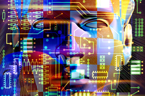 Circuitboard overlaid by ghostly face